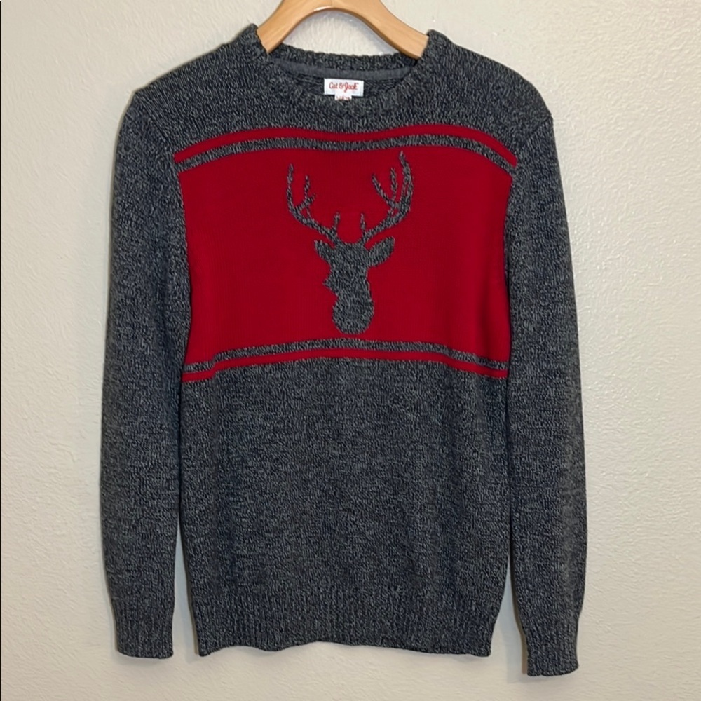 Cat & Jack Gray Red Deer Cotton Knit Sweater
